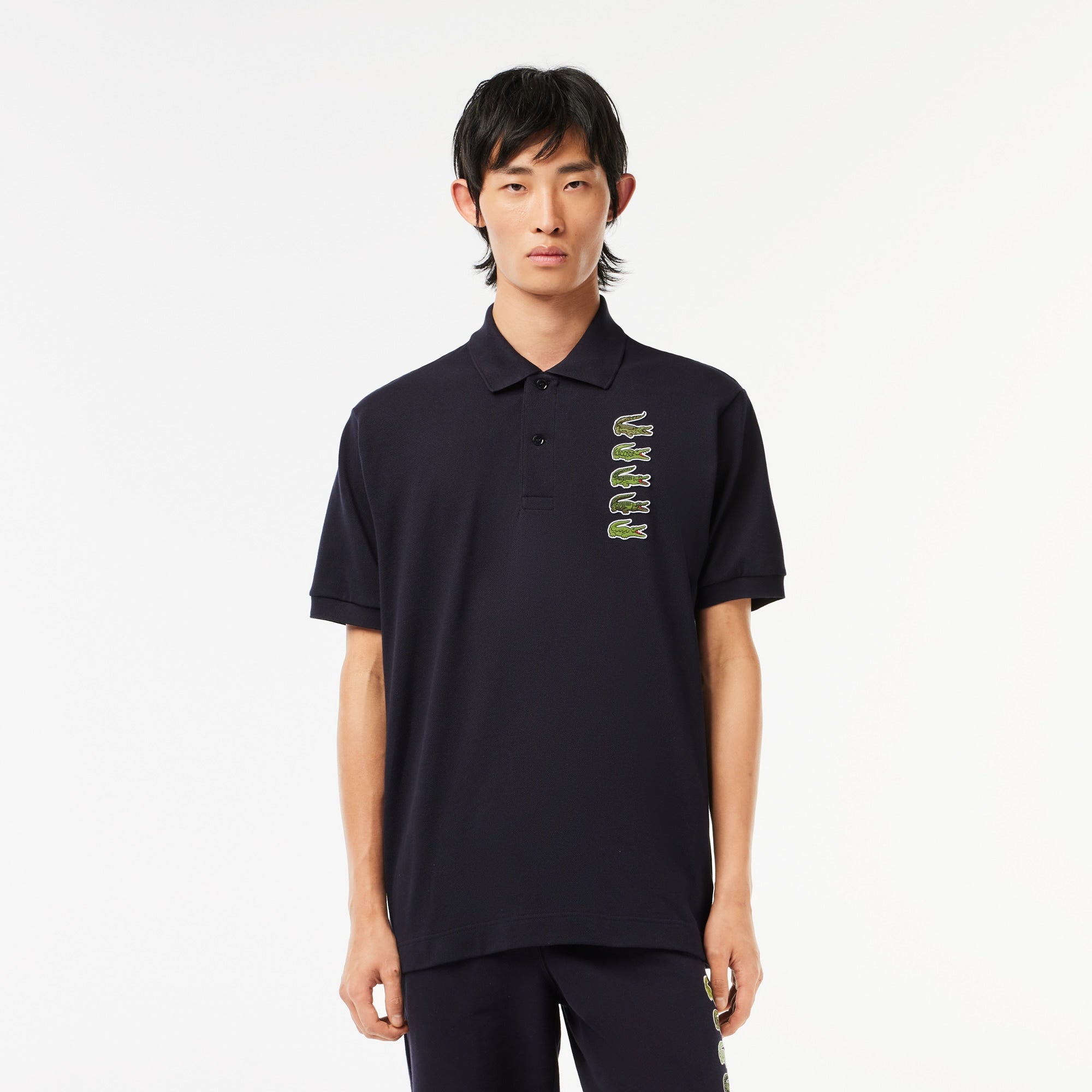 Lacoste Mens Sleeve Stacked Timeline Croc Polo Shirt Navy Blue Small