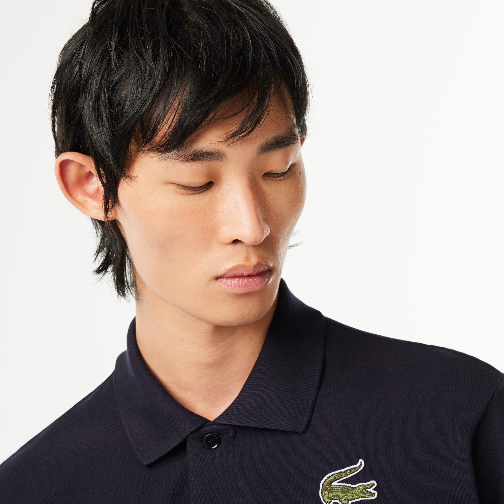 Lacoste Mens Sleeve Stacked Timeline Croc Polo Shirt Navy Blue Small