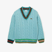 Lacoste Men's Long Sleeve V-Neck Colorblock Cableknit Cricket Sweater Large Blue