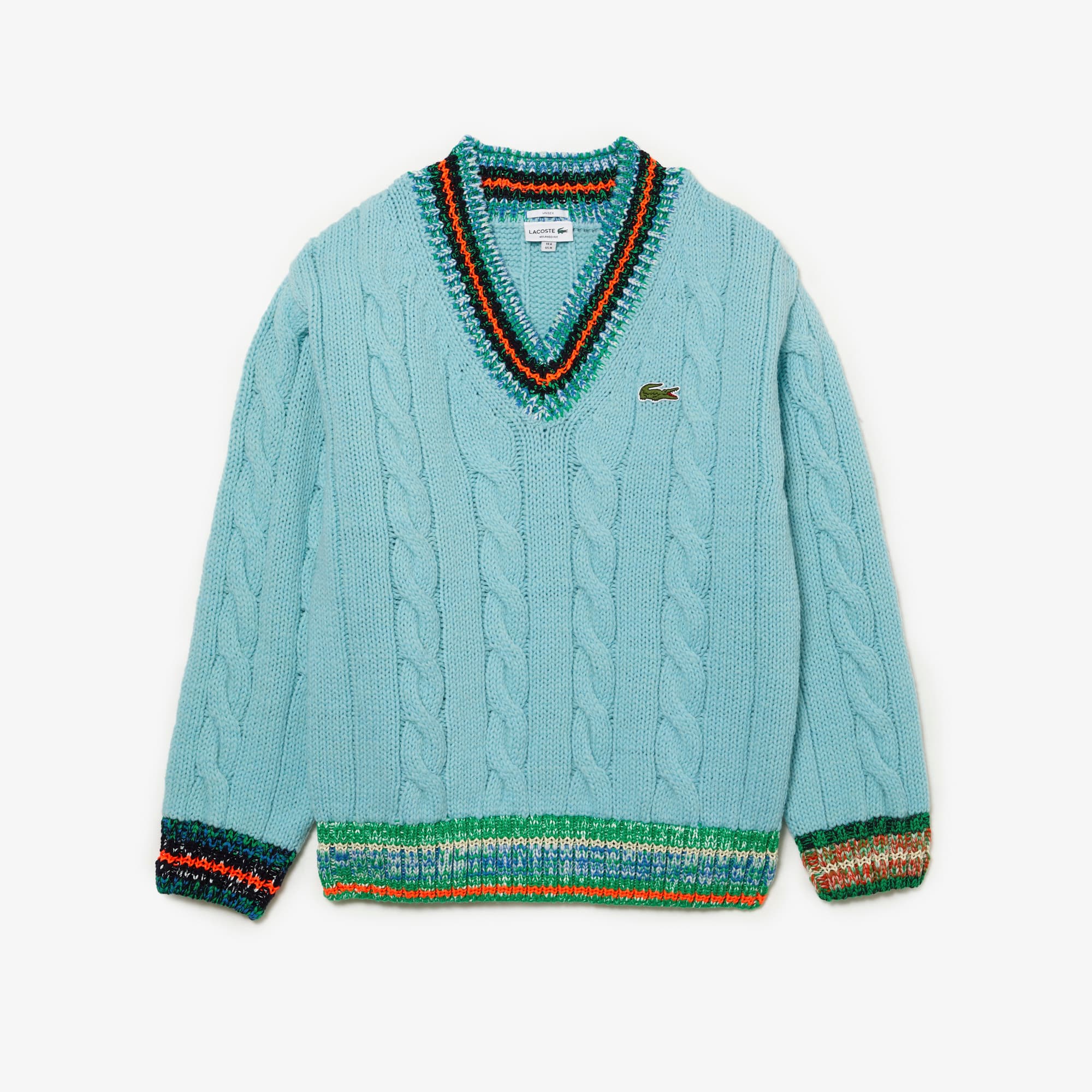 Lacoste Men's Long Sleeve V-Neck Colorblock Cableknit Cricket Sweater Large Blue