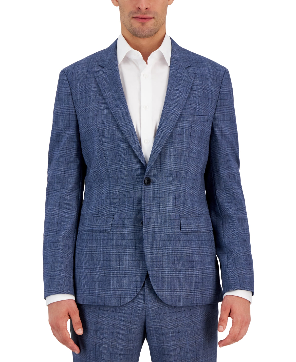 Hugo Boss Men's Modern-Fit Plaid Wool Blend Suit Jacket 36R Mid Blue Plaid