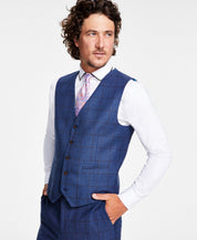 Tayion Collection Mens Classic Fit Windowpane Suit Vest Blue Brown Large