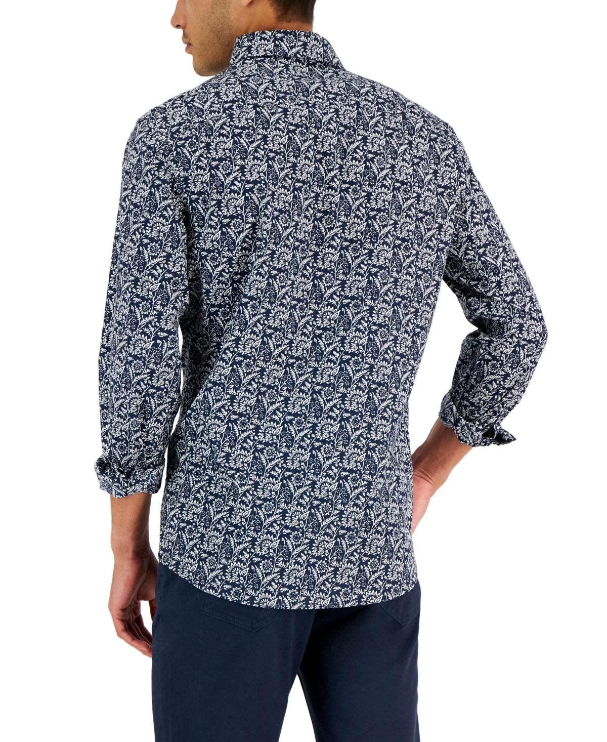 MICHAEL KORS Mens Field Slim Fit Stretch Floral Print Button Down Shirt Midnight Blue Large
