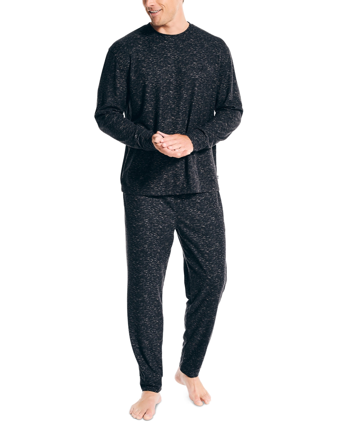 Nautica Mens 2 Pc Relaxed Fit Waffle Pajama Set Shirt Pants Charcoal Grey Large