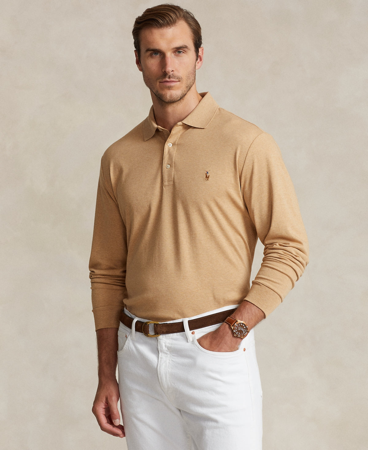 Polo Ralph Lauren Mens Big Tall Cotton Long Sleeve Polo Shirt Camel Heather 3LT