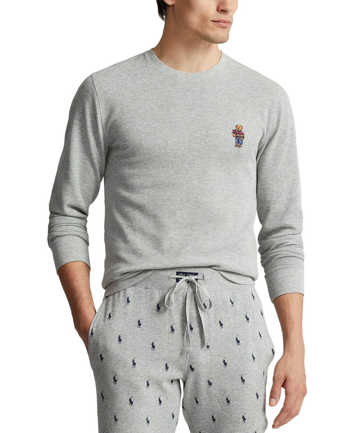 Polo Ralph Lauren Mens Waffle-Knit Thermal Shirt Large Grey Bear
