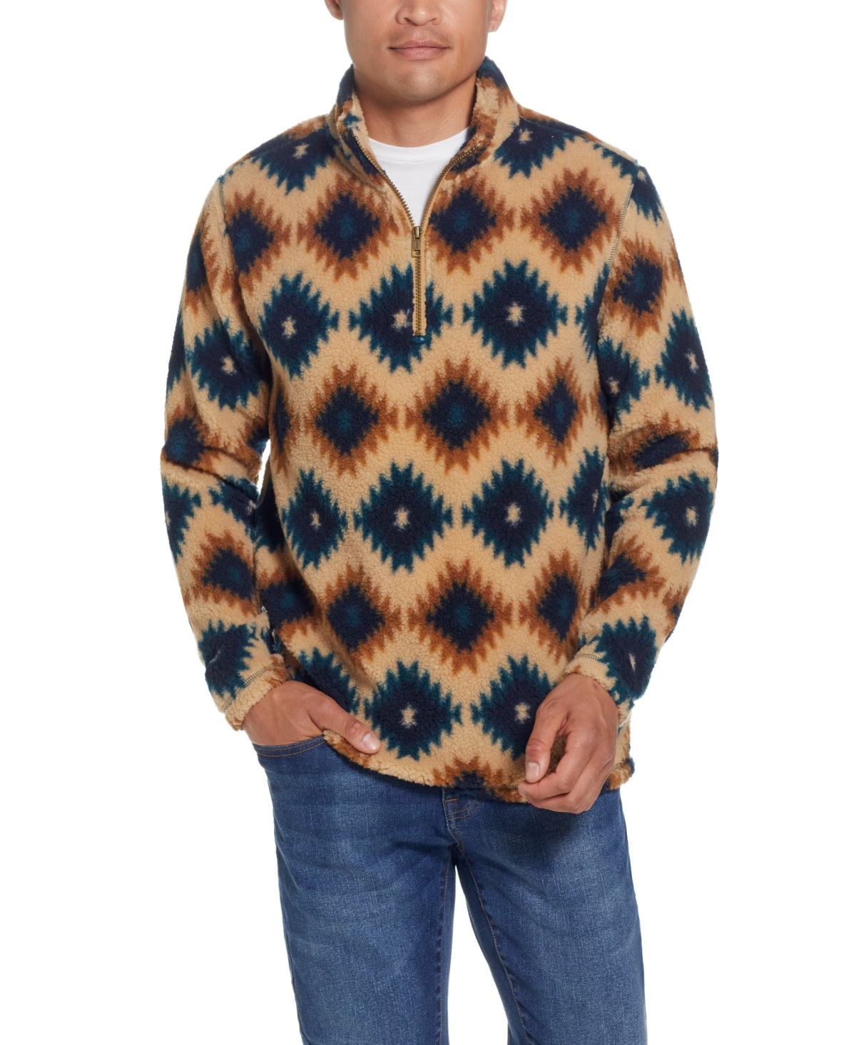 Weatherproof Vintage Mens Southwest Sherpa Quarter Zip Sweater Beige Blue Small