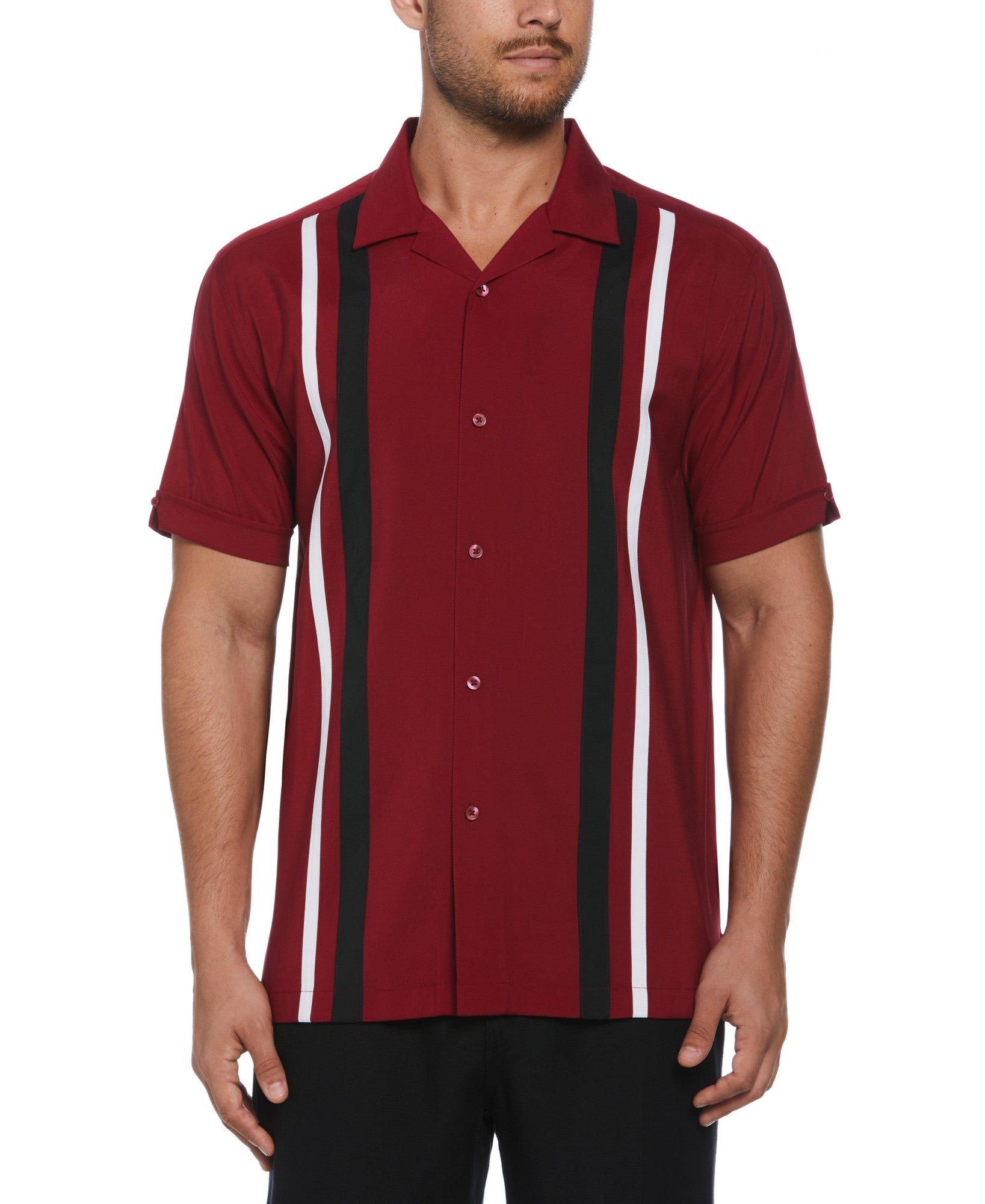 Cubavera Men's Tri Color Camp Collar Retro Panel Short Sleeve Shirt Red Small