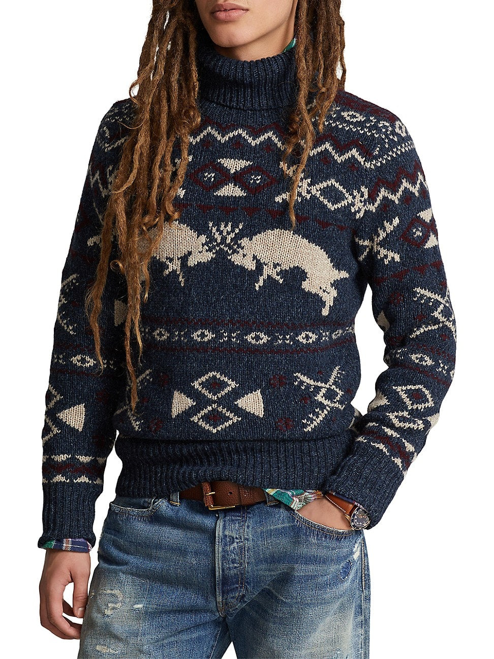 Polo Ralph Lauren Mens Wool Cashmere Patterned Turtleneck Sweater 2XL XXL Navy