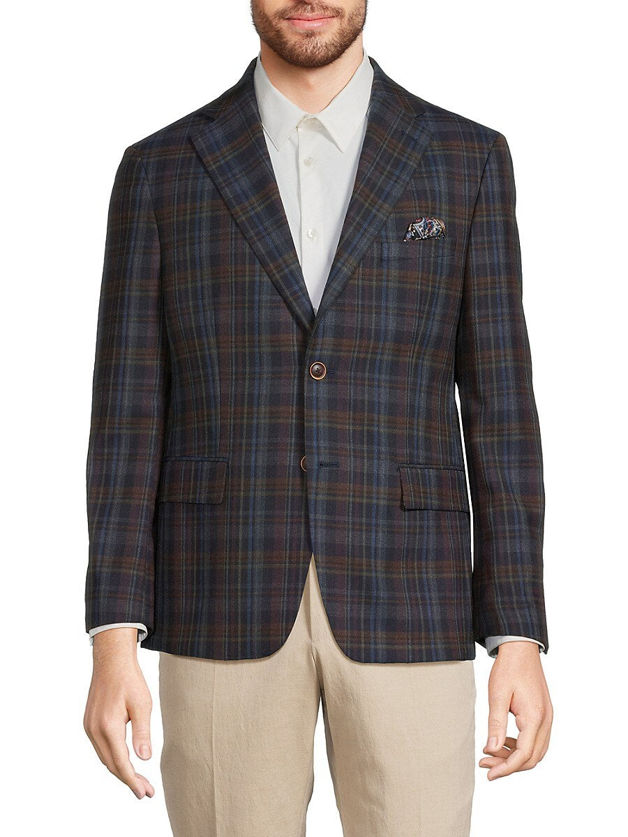 Tallia Mens Plaid Wool Slim Fit Sport Coat Navy Blue Brown 44R