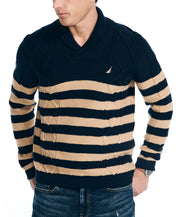 Nautica Mens Shawl Neck Striped Cable Sweater Navy Seas Blue Beige XL