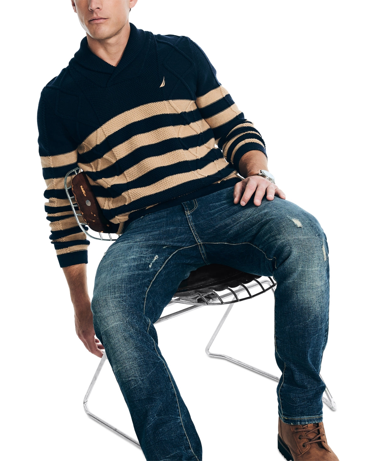 Nautica Mens Shawl Neck Striped Cable Sweater Navy Seas Blue Beige XL