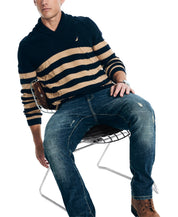 Nautica Mens Shawl Neck Striped Cable Sweater Navy Seas Blue Beige XL