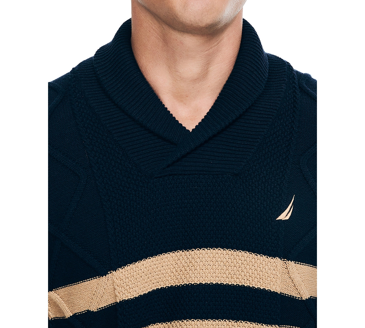 Nautica Mens Shawl Neck Striped Cable Sweater Navy Seas Blue Beige XL