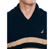 Nautica Mens Shawl Neck Striped Cable Sweater Navy Seas Blue Beige XL