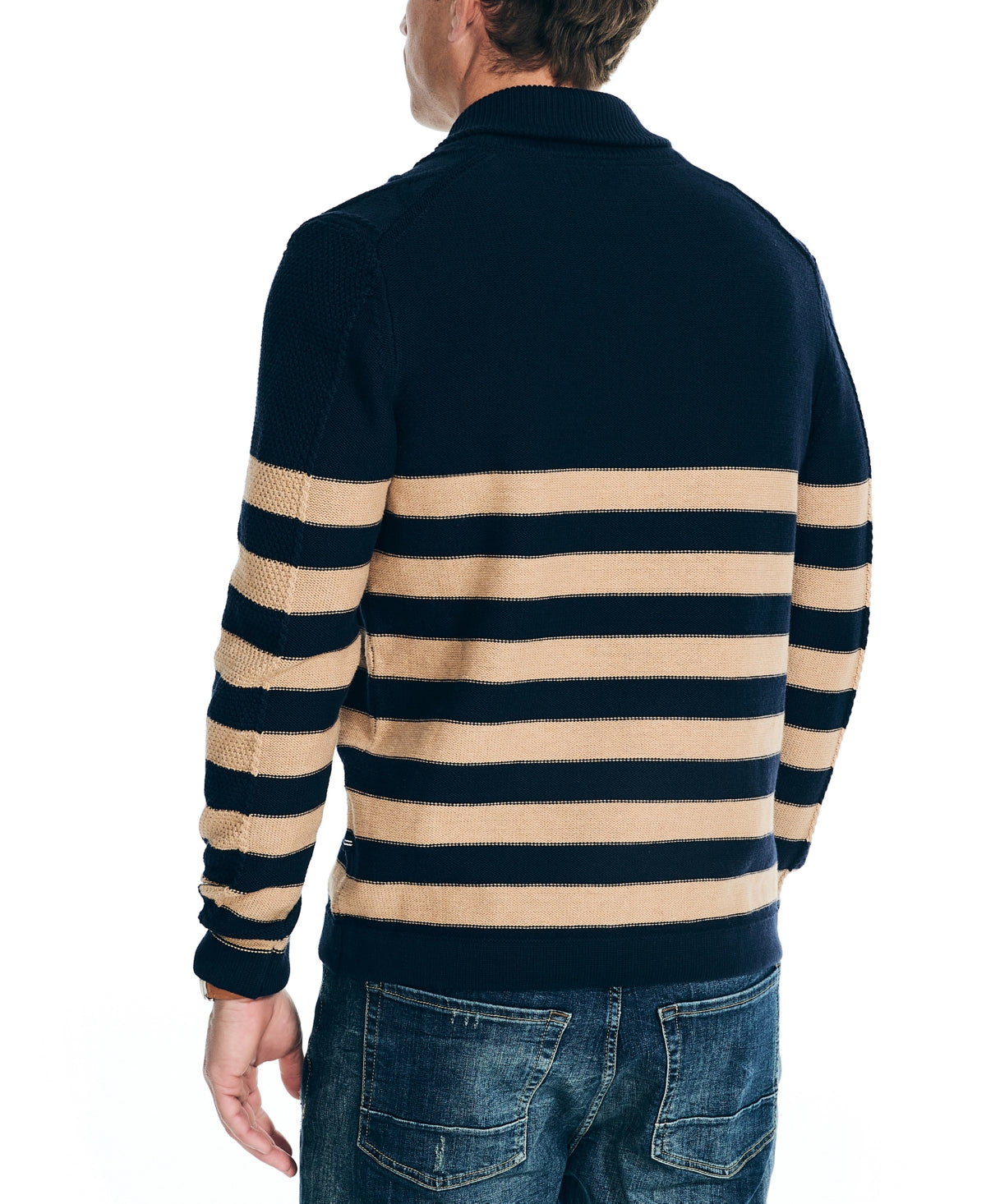 Nautica Mens Shawl Neck Striped Cable Sweater Navy Seas Blue Beige XL