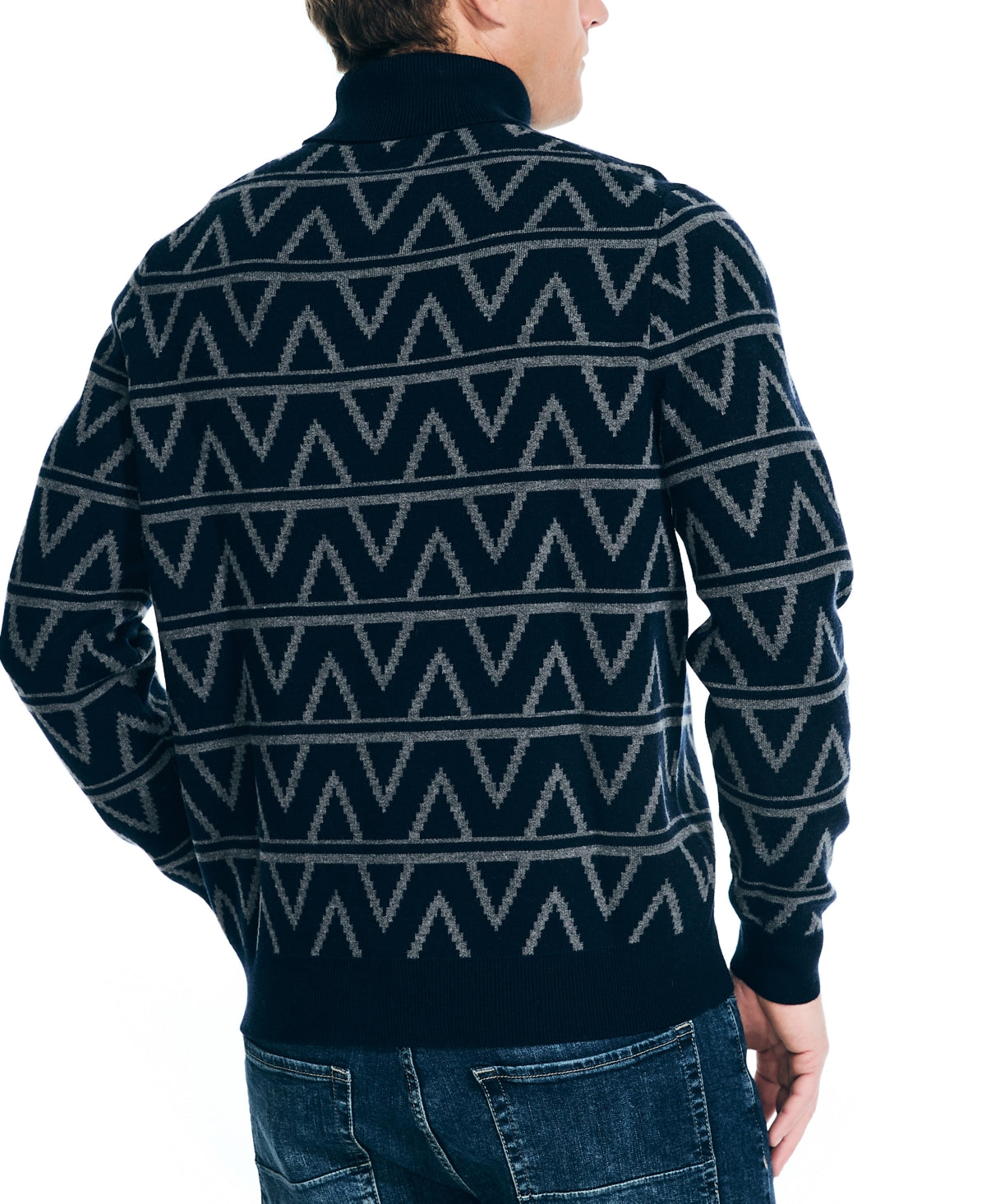 Nautica Mens Jacquard Turtleneck Sweater Navy Seas Blue Multi Medium