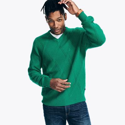 Nautica Mens Classic Fit Textured V Neck Sweater Green Large
