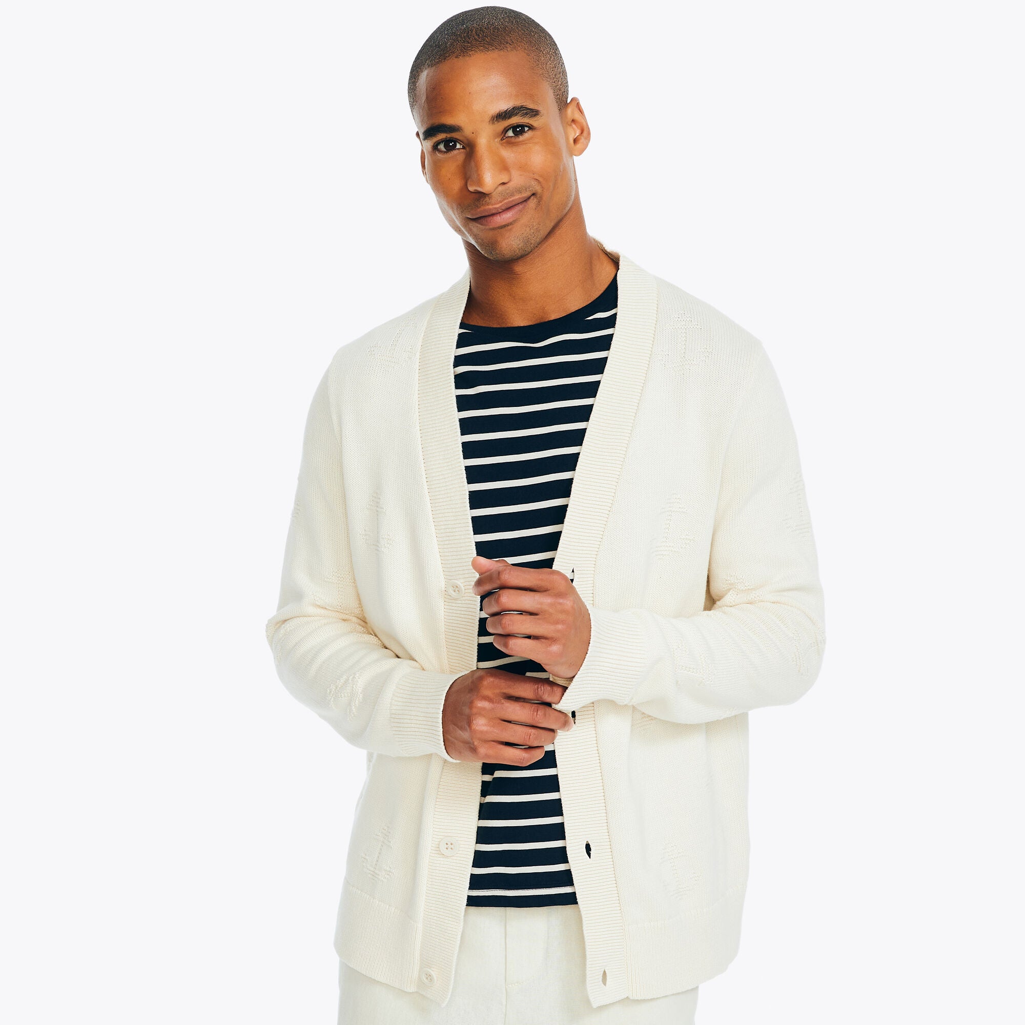 Nautica Men's Textured Anchor Button Front Cardigan Sweater Natural Beige XL