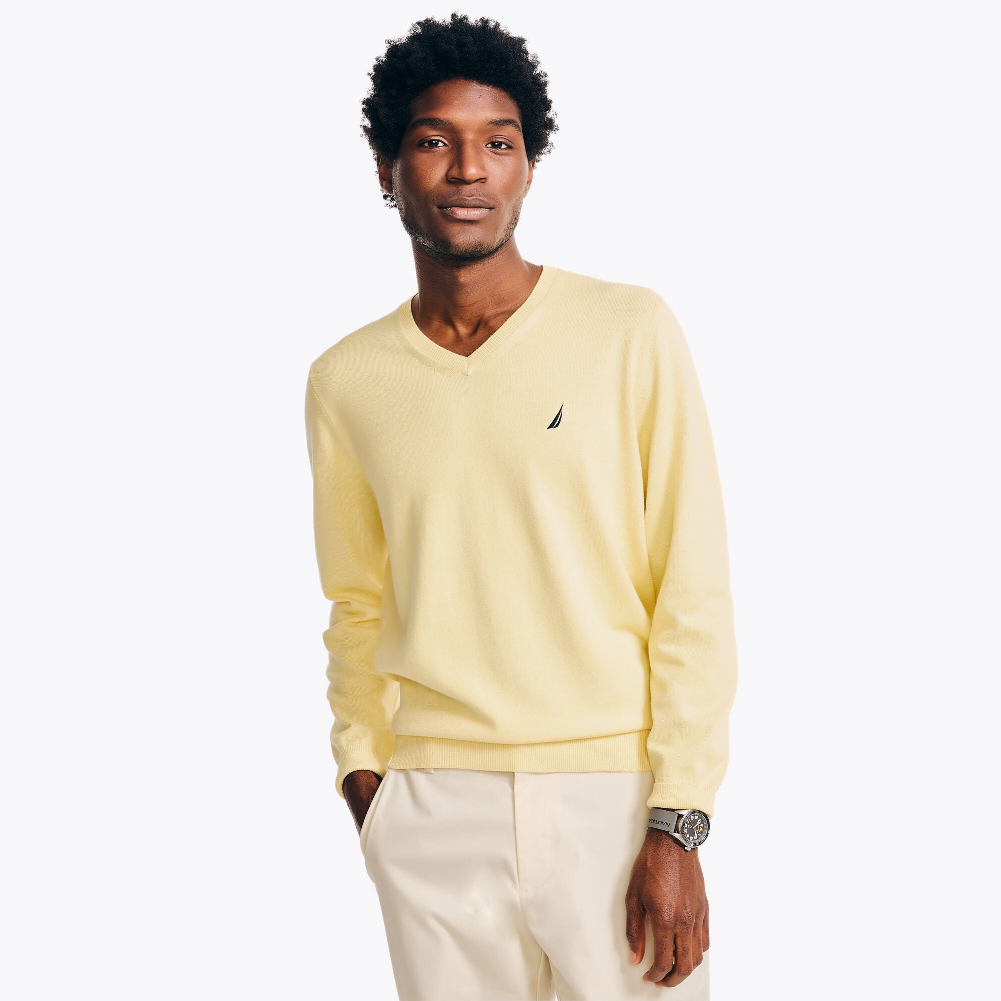 Nautica Mens Classic fit Long Sleeve V Neck Sweater Large V-Neck Yellow Stretch