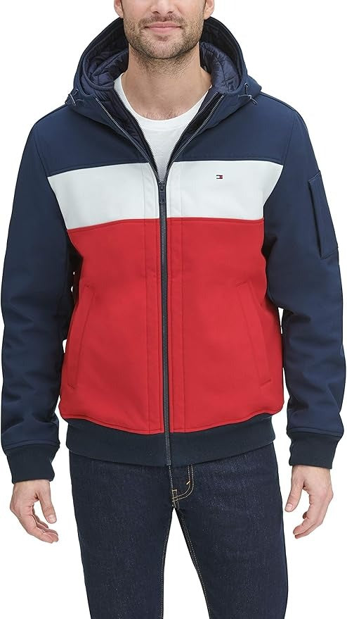 Tommy Hilfiger Mens Soft Shell Bomber Hooded Coat Jacket Blue White  Red XL