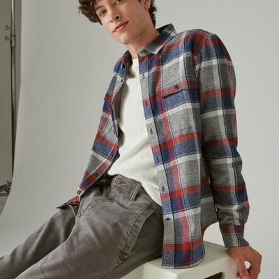 Lucky Brand Mens Plaid Flannel Button Down Shirt Grey Red Blue Medium