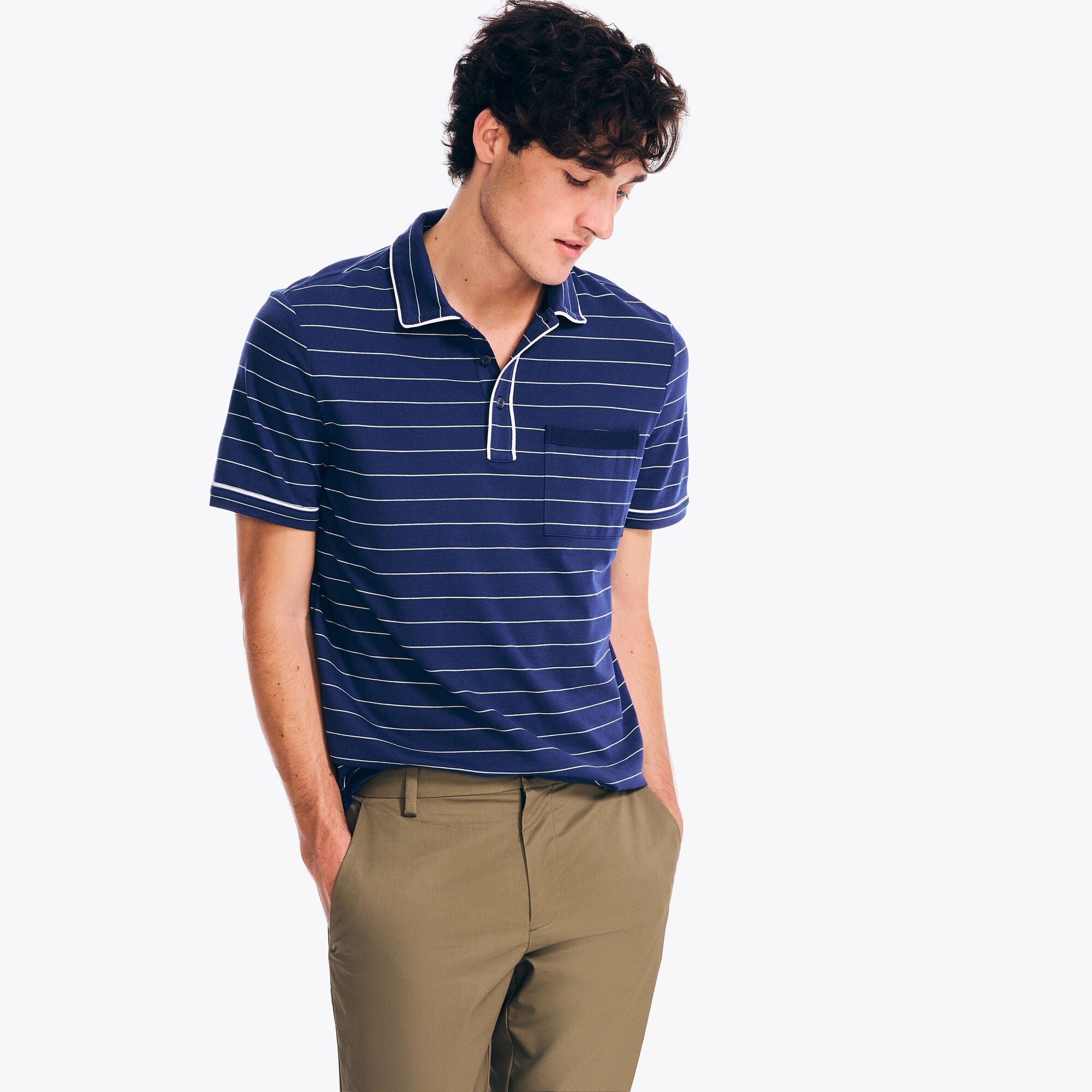 Nautica Mens Regular fit Short Sleeve Polo Shirt Large Blue Striped