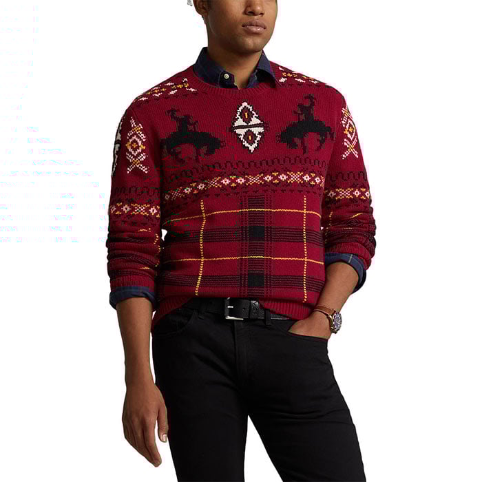 Polo Ralph Lauren Mens Western Inspired Fair Isle Wool Sweater Red Combo Medium