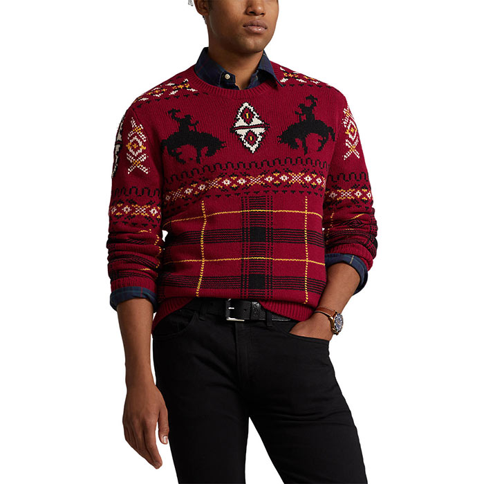 Polo Ralph Lauren Mens Western Inspired Fair Isle Wool Sweater Red Combo Large