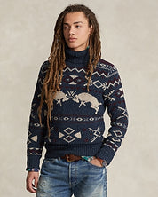 Polo Ralph Lauren Mens Wool Cashmere Patterned Turtleneck Sweater Small Navy