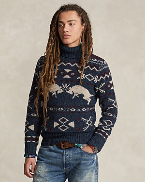 Polo Ralph Lauren Mens Wool Cashmere Patterned Turtleneck Sweater Small Navy