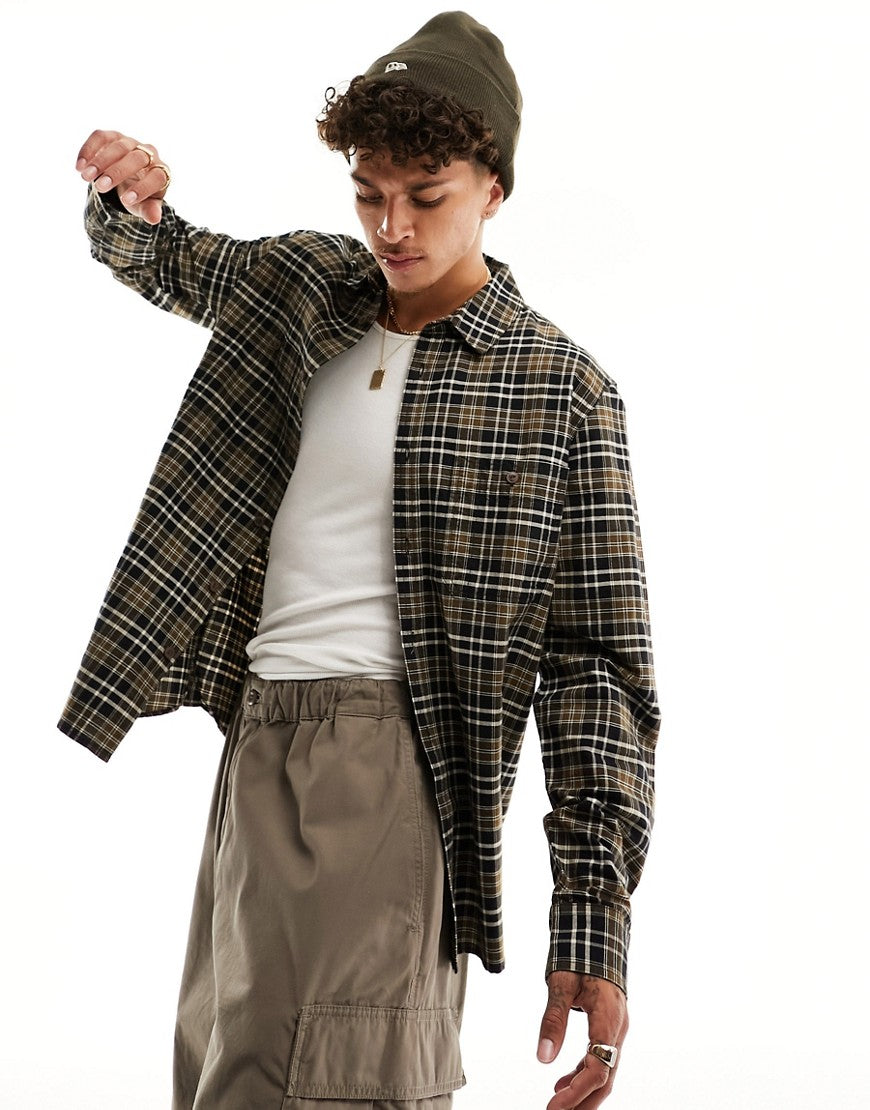 Cotton On Men Regular fit Long Sleeve Button-Up Shirt Medium Brown Plaid