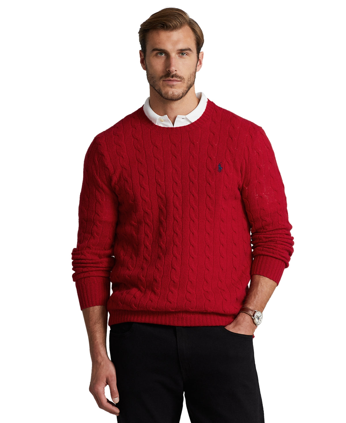 Ralph Lauren Polo Big & Tall Mens Crewneck Cable Knit Wool Sweater 4XB Red