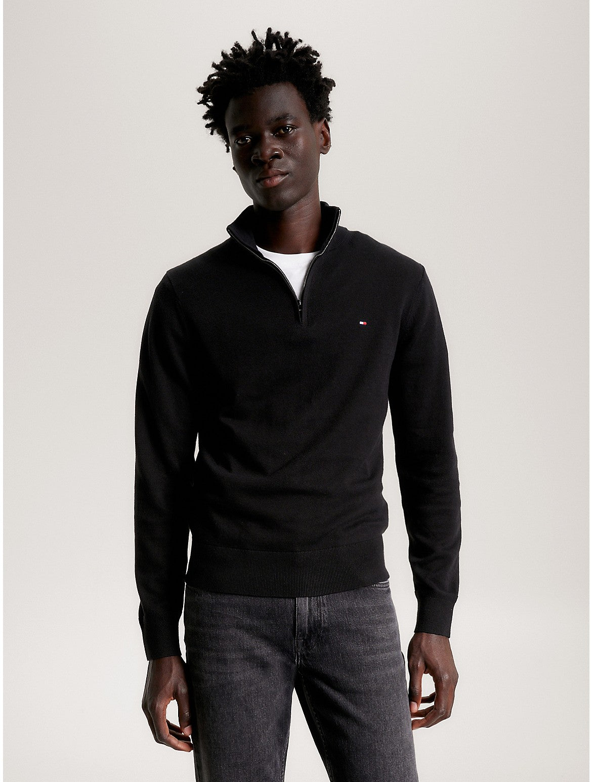 Tommy Hilfiger Mens Regular Fit Quarter Zip Mock Neck Sweater Black Small