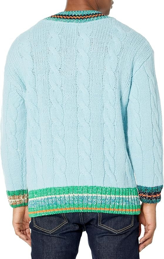 Lacoste Men's Long Sleeve V-Neck Colorblock Cableknit Cricket Sweater Large Blue