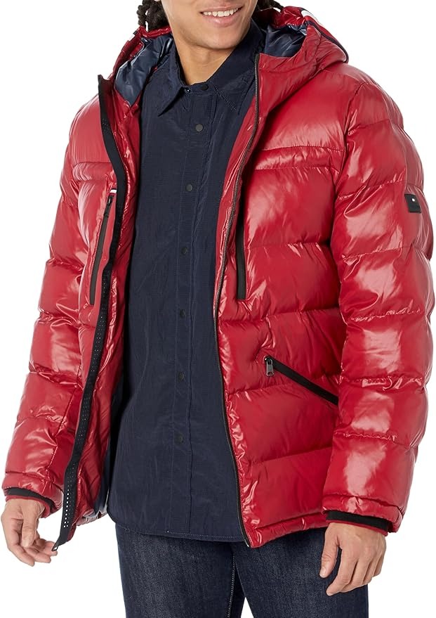 Tommy Hilfiger Men's Fashion Shine Quilted Hooded Puffer Jacket Large Red