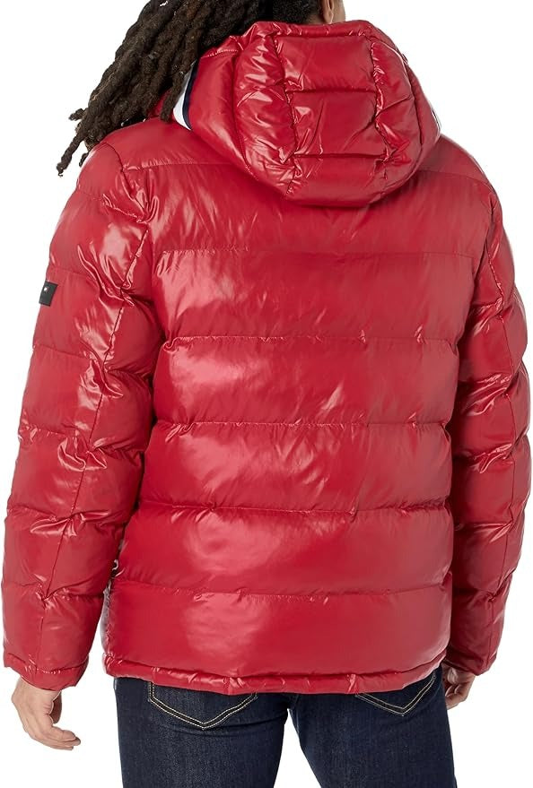 Tommy Hilfiger Men's Fashion Shine Quilted Hooded Puffer Jacket Large Red