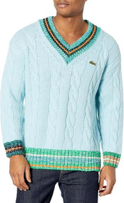 Lacoste Men's Long Sleeve V-Neck Colorblock Cableknit Cricket Sweater Large Blue