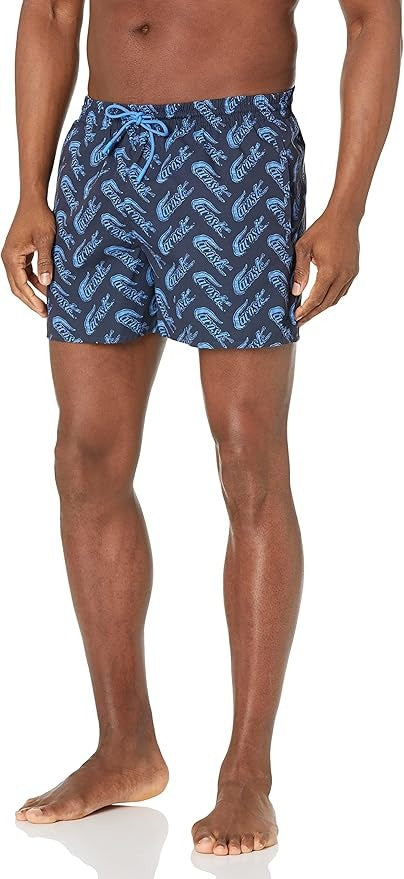 Lacoste Mens Printed Swim Trunks Medium Blue Logo Print