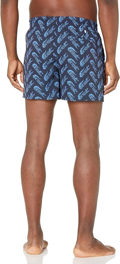 Lacoste Mens Printed Swim Trunks Medium Blue Logo Print