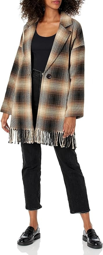 Karen Kane Women's Plaid Fringe Jacket Coat Large Brown Wool Blend