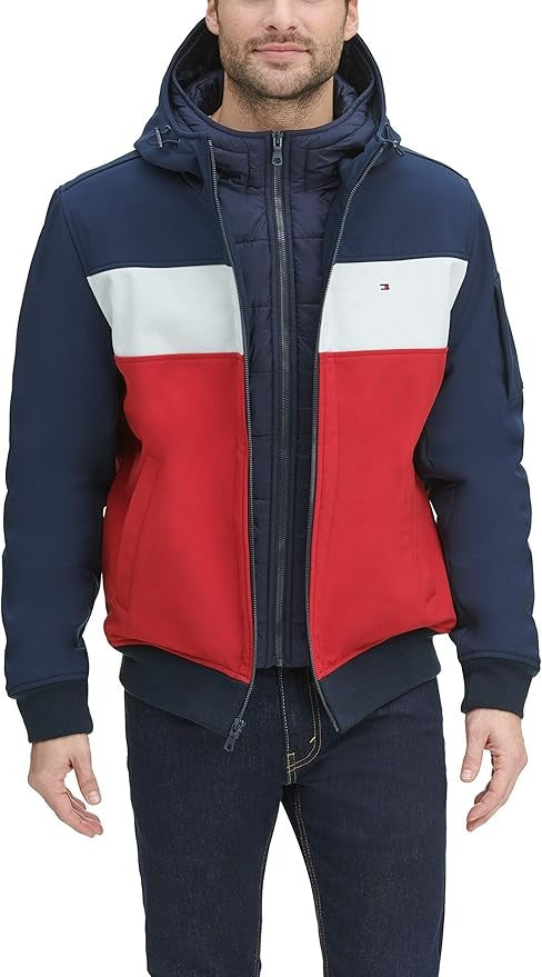 Tommy Hilfiger Mens Soft Shell Hooded Bomber Jacket Coat with Bib Blue Red Small