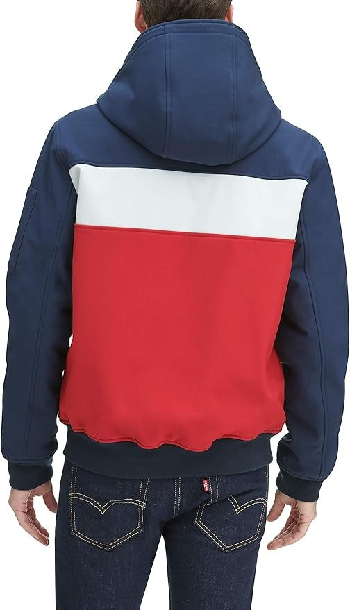 Tommy Hilfiger Mens Soft Shell Hooded Bomber Jacket Coat with Bib Blue Red Small