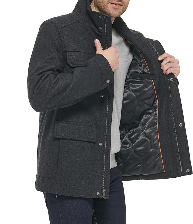 Cole Haan Mens Melton Wool Multipocket Field Coat Large Charcoal Grey