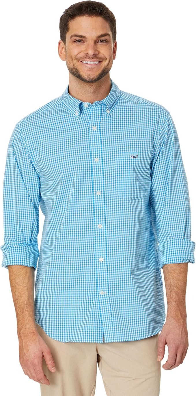 Vineyard Vines Mens Gingham Regular Fit Button Down Shirt Aqua Blue XL