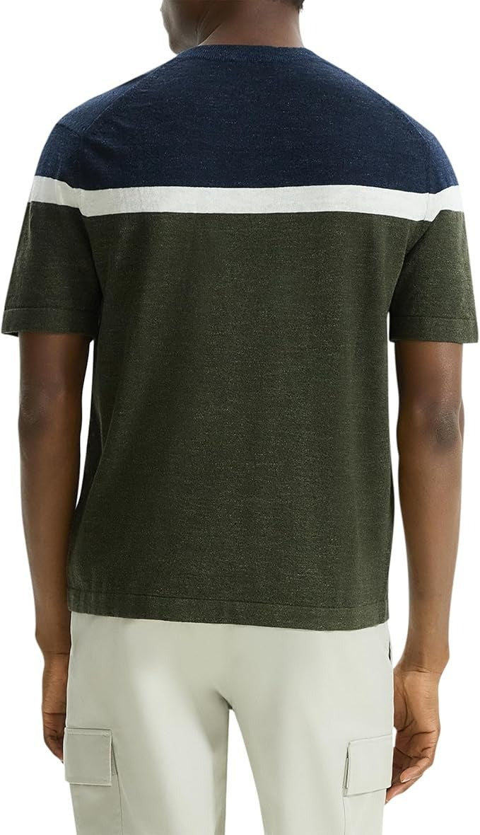 Theory Striped Short Sleeve Crew Shirt XXL Blue Green Pacific Linen