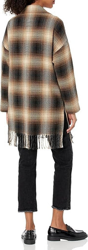 Karen Kane Women's Plaid Fringe Jacket Coat Large Brown Wool Blend