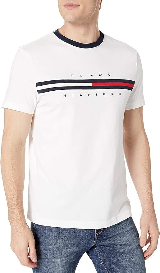 Tommy Hilfiger Men's Short Sleeve Signature Stripe Graphic T Shirt Medium White