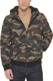 TOMMY HILFIGER Men's Sherpa-Lined Softshell Hooded Jacket Medium Green Camo