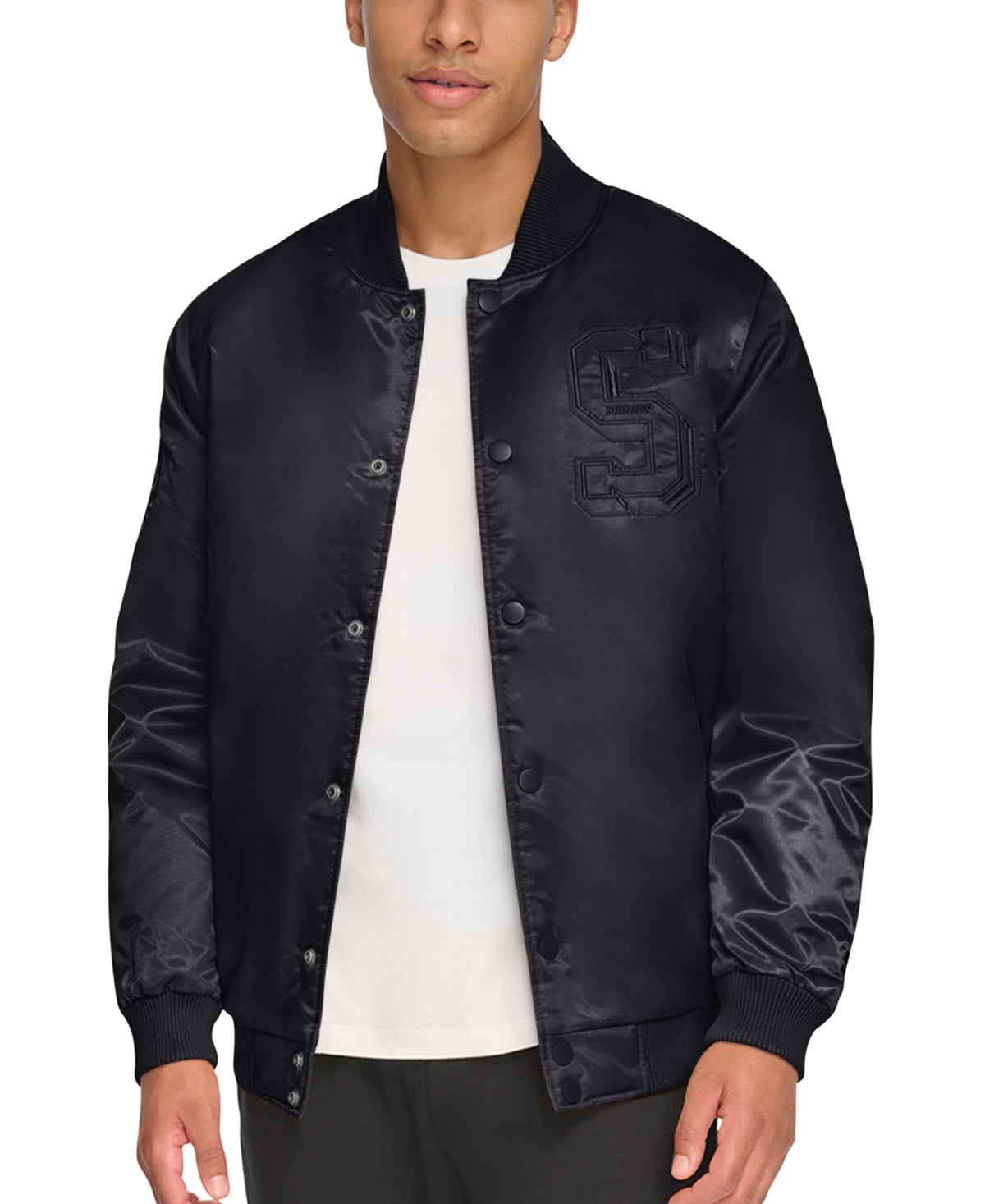 Starter Men's Classic Fit Tonal Satin Varsity Bomber Jacket Black Large